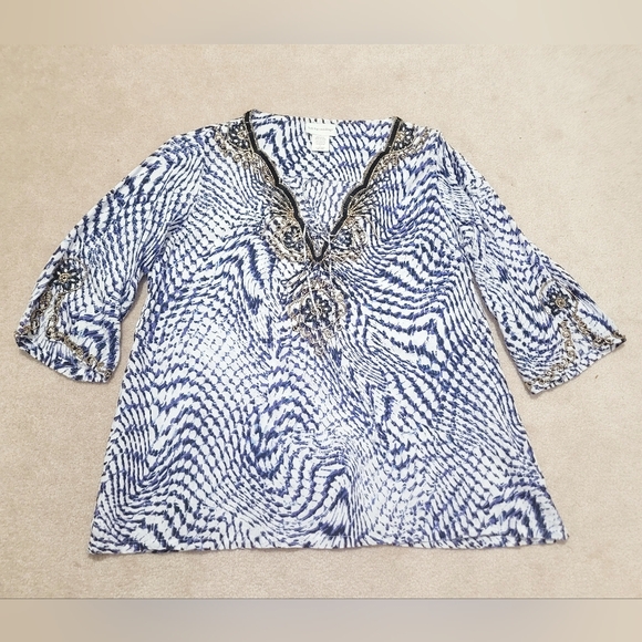 Soft Surroundings Beaded Tie Neck Tunic Blue White Rayon Boho Resort Top Large - Picture 12 of 12